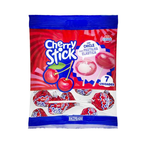 Caramelos con palo Cherry Stick Hacendado con chicle sabor cereza