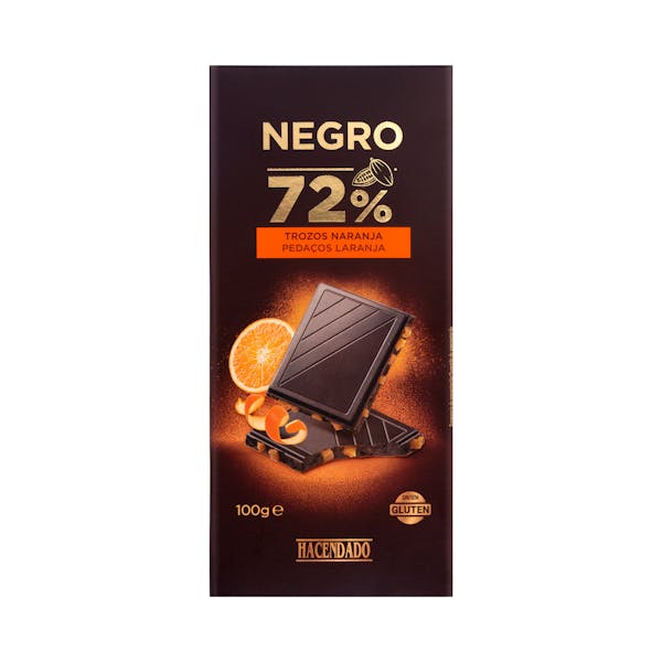 Chocolate negro 72% cacao Hacendado con trozos de naranja