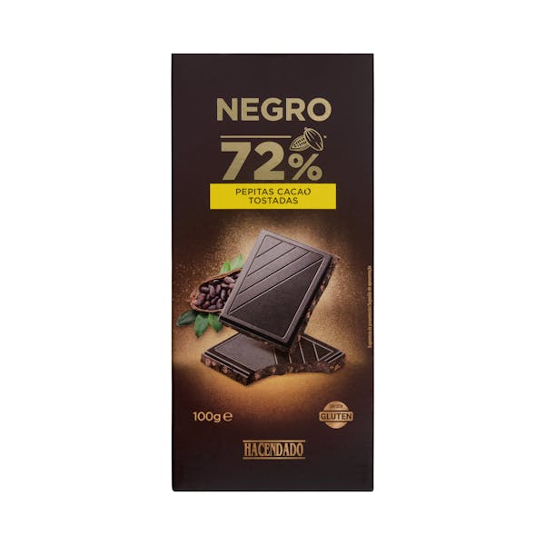 Chocolate negro 72% de cacao Hacendado con pepitas de cacao caramelizadas